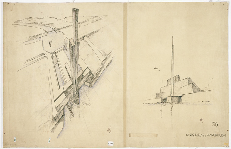 Sketch by Peter Behrens of the Atlantropa Tower and North gate of the Gibraltar Dam (1931, Munich), which was included in 2016 Carter Manny Award recipient Hollyamber Kennedy's dissertation research
