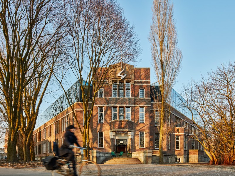 The building entrance for Generator Amsterdam along the Oosterpark.