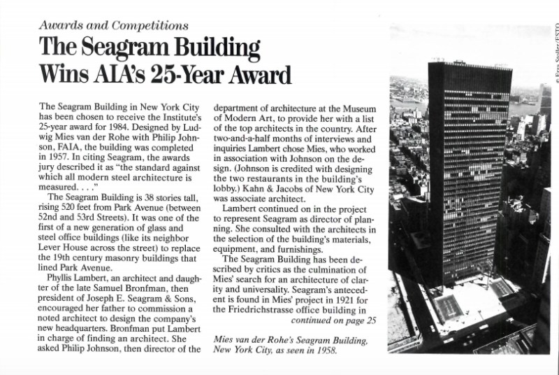 Mies van der Rohe's Seagram Building, located in New York, featured in the April 1984 issue of "Architecture Magazine," which is now ARCHITECT, for its AIA Honor Award. If you look to the right, you can see the picture is by Ezra Stoller, founder of commercial photography firm ESTO.