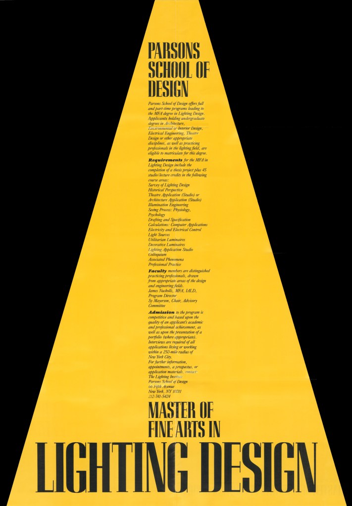 Original recruitment poster for the Master of Fine Arts in Lighting Design program at Parsons School of Design.
