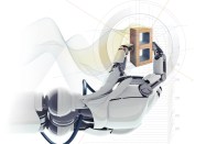 Isolated robotic pointing arm on white background