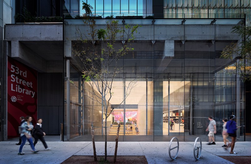 The 53rd Street Library's glass entryway.