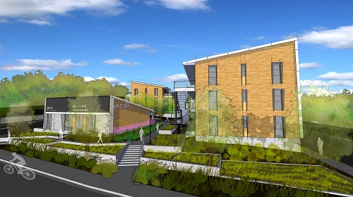The $21 million Rocky Hill Veterans Housing will be built using modified steel shipping containers. The 39-unit community is designed by G7A Gonzales Architects.