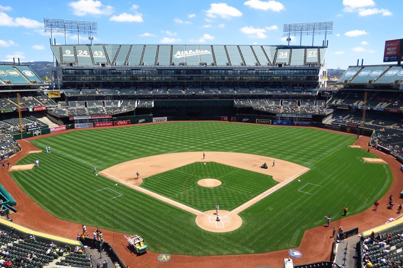 The Oakland Coliseum, the current home ballpark for the Oakland Athletics