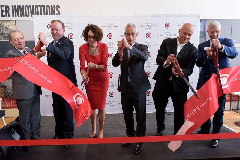 From left: Illinois State Senate President John Cullerton, Chicago Alderman Brendan Reilly, Chicago Architecture Center president Lynn Osmond, Chicago Mayor Rahm Emanuel, architect Gordon Gill, Chicago Architecture Center board chair John Pintozzi