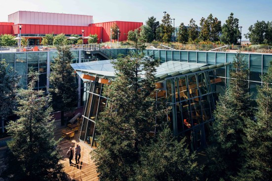 The new "Town Square" features 40-foot-tall redwood trees.