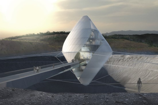 Avatar X Lab building suspended over moon-like crater