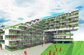 Alternately stacked geometries resulted in an open space which can be used for meeting spot and green areas