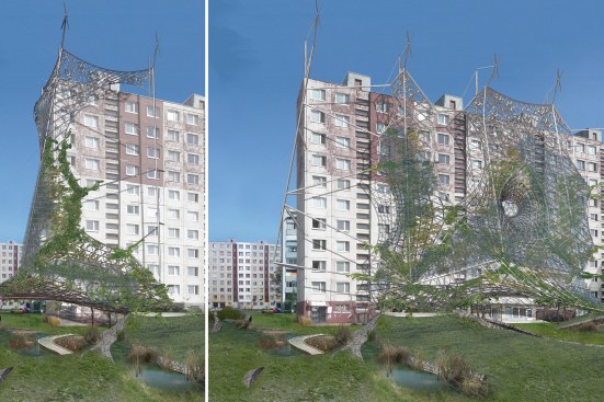 Green Negligee is an alternative adaptive reuse strategy that employs a lightweight, secondary façade to blur the boundary between a multifamily housing block in Eastern Europe and the surrounding landscape. 
