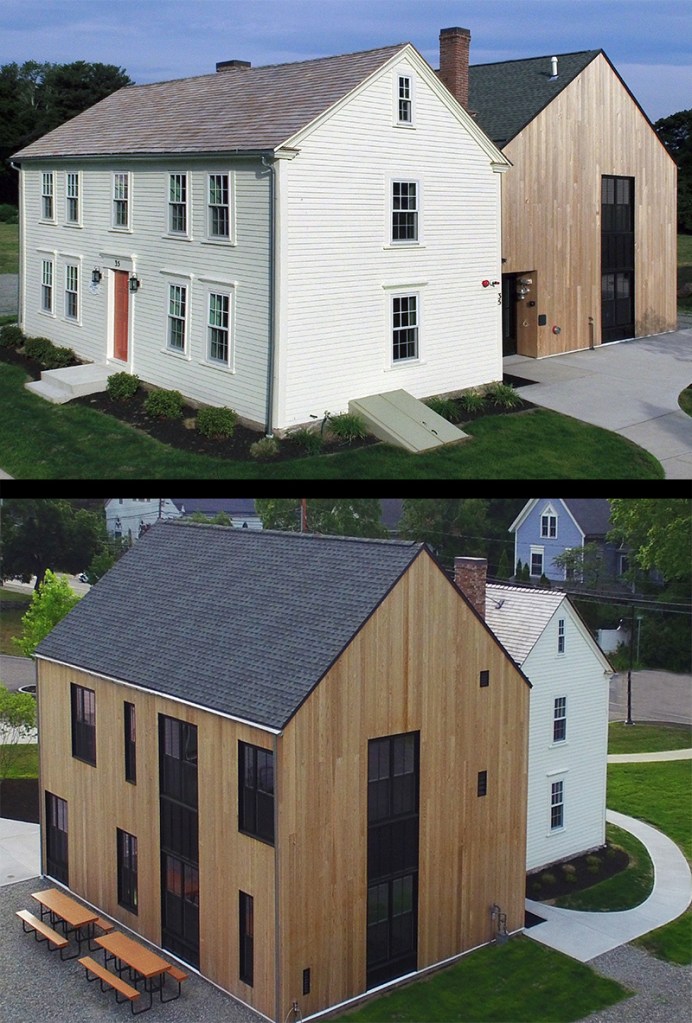 Northside view shows the 270-year-old Peletiah Morse Tavern restoration with the south side view showing the brand new modern-styled colonial addition.
