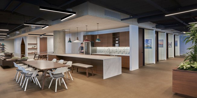 Cafe with family style meeting table. 