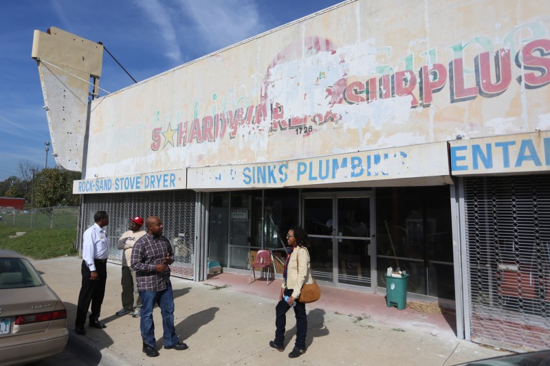 Rachel Jefferson, executive director of the Historic Northeast Midtown Association, stands outside the future Northeast Grocer Co-Op.