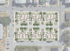 6 duplex buildings define street edges on four sides, broken by only 2 curb cuts.  The rear drive provides access to parking and landscaped terraces.