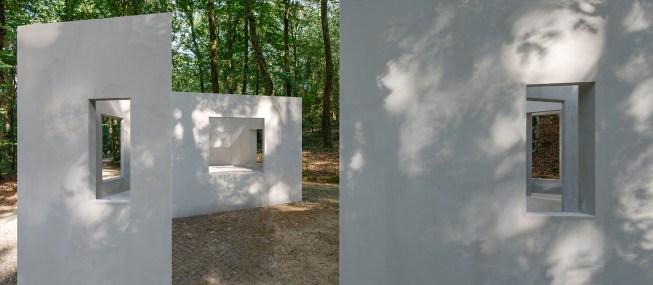 Inspired by the techniques of Renaissance painter Grão Vasco, the three volumes of the Garden of Framed Scenes pavilion located in Viseu, Portugal, create “a theater for collective performance,” according to Bhatia. 