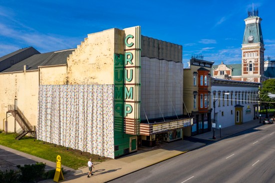 Love Letter to the Crump takes the form of a large-scale curtain affixed to the exterior of Crump Theatre in Columbus, Ohio. Borderless translated love letters to the closed 130-year-old theater, written by participants over two workshops, into abstract graphics that decorate the curtain.  