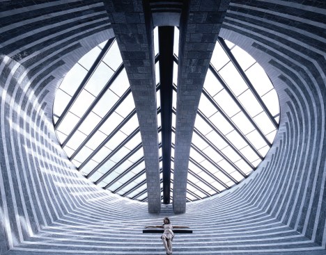 Mario Botta's San Giovanni Battista Church, completed in 1996 in Mogno, Switzterland.