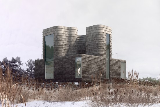 Living areas in the 1,280-square-foot Plum Island House in Newburyport, Mass., are defined by three curvilinear volumes clad in cedar shingles.  