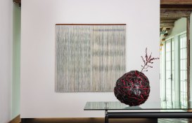 Ulla-Maija Vikman, Akureyri, 2009, painted viscose, and linen, mahogany, 57” x 58”
Jiro Yonezawa, Red Fuji, 2019 bamboo, urushi lacquer, 30” x 12” x 10.5”
Photo by Tom Grotta