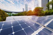 Solar Power Plant in modern city,Sustainable Renewable Energy.
