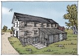 BACK VIEW OF HERB HOUSE WITH RECONSTRUCTION OF WOOD SHED