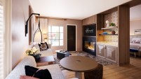 A rendering of the living room in the one-bedroom villa at the Privado Villas