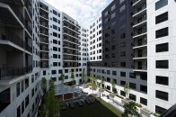A mix of flush and corrugated metal panels in black, white and grey provides a sophisticated façade to the SkyVue Apartments in Pittsburgh. Photo: hortonphotoinc.com