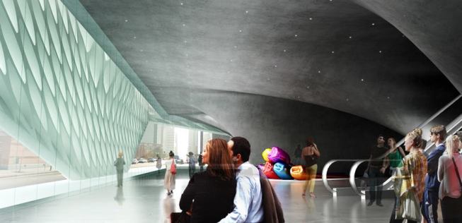 Lobby view from the north entrance with interior view of the glazing and veil.