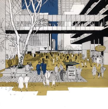 Street-level+rendering%2c+showing+pedestrian+bridges+and+parking.