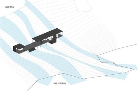 The house sits on a raised platform, allowing water to flow underneath it and down to the lake.