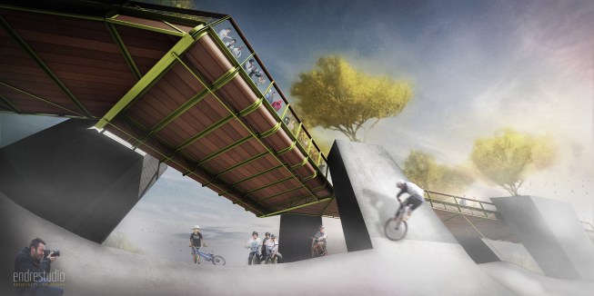 The legs of the bridge are incorporated with the bowls giving riders a near vertical surface to fly up.
