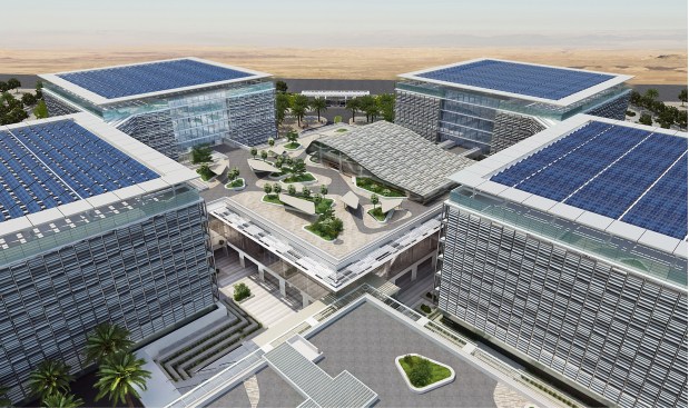 The SEC headquarters comprises four open-plan office buildings grouped around a central podium building with numerous health-promoting amenities and sustainable technologies. 