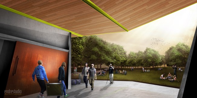 The restroom building doubles as a stage for park and community events.