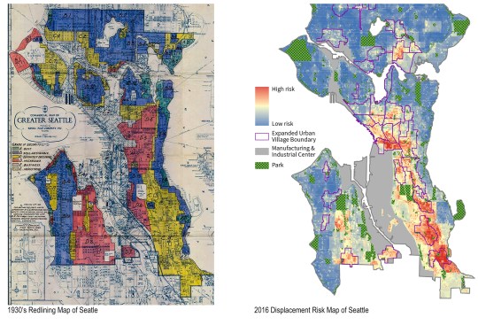 Left: Racially restrictive zoning and covenants forced households of color—and Black households in particular—into the red areas on the 1930s map of Seattle. Right: The 2016 map illustrates that many of the same areas now contain households with the highest risk of displacement as much of the city’s recent development has been constrained to these locations.