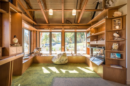 The visitors center offers views of the pollinator gardens, live animal exhibits, and the center's library. 