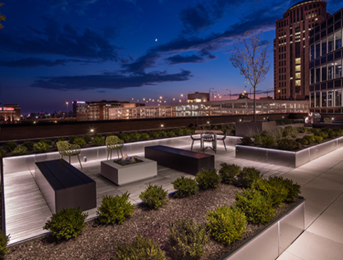 Outdoor gathering space at 700 Market Street - designed by Arcturis
