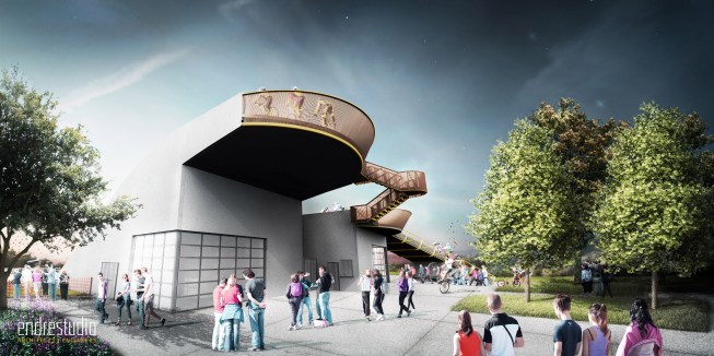 The Welcome Center is a unique building as it provides a concession and classroom area at ground level while the roof doubles as the starting ramp for the BMX track behind it.