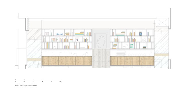 Coloured elevation of the featured large bookcase in the living space.
