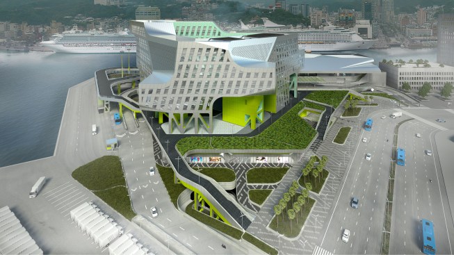 Port traffic weaves through the site at the lower levels, with access to underground parking.
