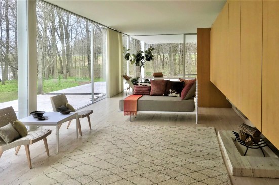 The interior today, furnished as Farnsworth originally had it—part of an exhibition the National Trust is now staging