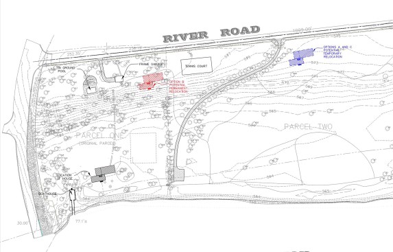 Site plan showing one possibility the Trust had considered to avoid future flooding: moving the house to a new location on the property