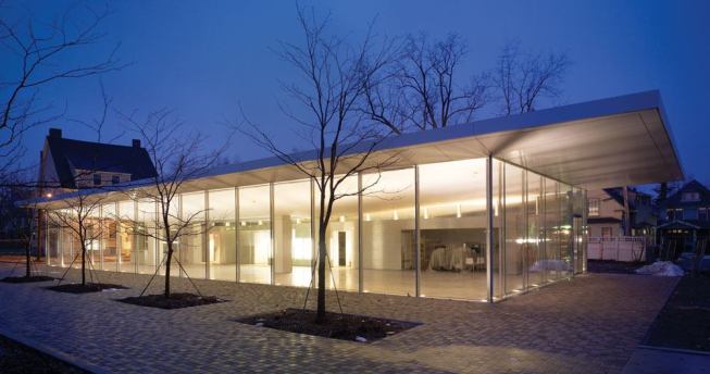 Mori's design was selected through an invited competition, from a pool of finalists that included Office dA, Brian Healy Architects, Schwartz/Silver Architects, and Architecture Research Office. At night, the pavilion glows from within, but all the light comes from uplights in the floor and the illuminated donor wall. No downlights mar the ceiling plane. The light also reflects off the composite aluminum soffit panels on the underside of the roof cantilever, increasing the foot candles on the pathway around the building exterior.