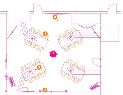 Layout of classroom. Featured Steelcase products are&nbsp;numbered above and described in the following slides.