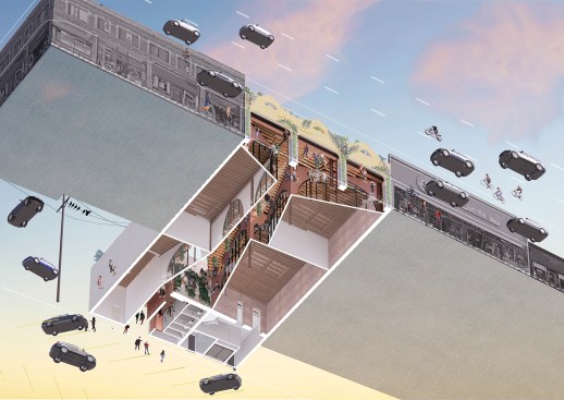 Shown here through a worm’s eye axonometric, a passageway aimed at supporting walkability traces through Atwater Canyon.