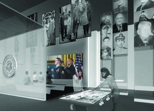 Concept design for gallery highlighting "the role America’s presidents have played in defining and awarding the Medal."