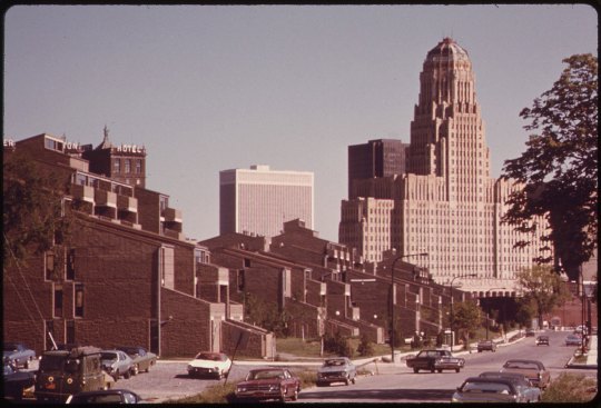Shoreline Apartments, view towards Buffalo City Hall, ca. 1970s. From the 2019 Graham Foundation Organizational Grant to El Museo Francisco Oller y Diego Rivera for the exhibition "Paul Rudolph's Shoreline Apartments"