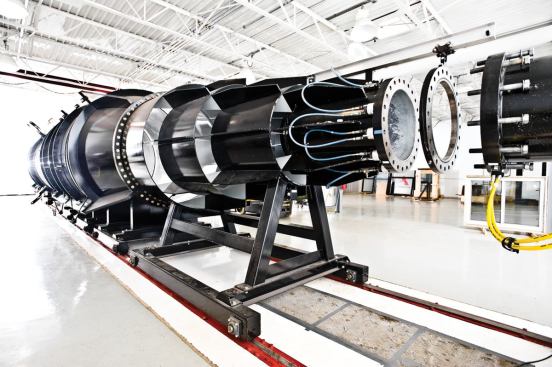 The telescoping design of Architectural Testing Inc.'s shock tube—which houses a driver (at far right) capable of generating up to 3,000 psi of air pressure—means the company can shape a "blast profile" as precisely as a particular fenestration test might require.