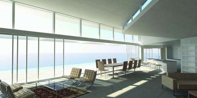 A raised, bifurcated roof focuses views southward at the Horizon House in Malibu, Calif., with steel frames supporting the cantilevered canopies.