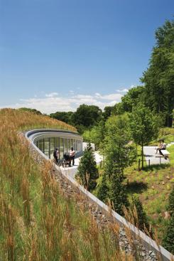 The planted green roof on the western pavilion not only serves as a laboratory for BBG?s horticulturists, but also allows the building to merge with the surrounding landscape?so much so that from certain angles, the roof is virtually indistinguishable from the natural ground plane.