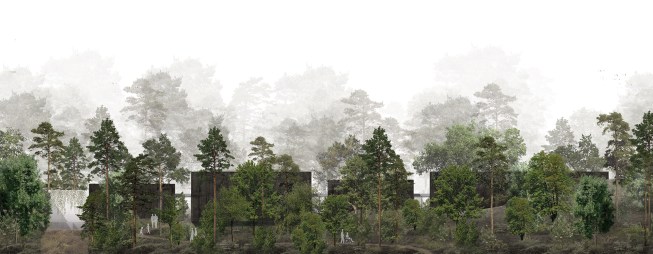 The four black boxes are both hidden and visible. They 
are visible through the forest, while protecting what’s inside them.