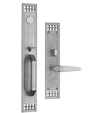 Part of the company’s Arts & Crafts collection, this solid bronze entrance handleset features a textured backplate and classic proportions and details. It’s designed for mortise lock only and comes in six finishes. 
www.classic-brass.com.